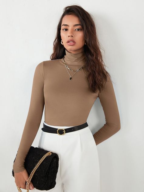 Brown Casual Collar Long Sleeve Fabric Plain  Embellished Slight Stretch Spring/Fall Women Tops, Blouses & Tee Brown Blouse Outfit, Turtle Neck Women, 2024 Wardrobe, Magazine Shoot, Outfits Vestidos, Brown Blouse, Fall Fits, Fitted Top, Work Wear Women