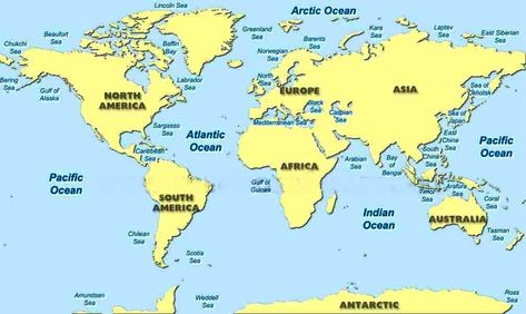 LISTS SEAS AND OCEANS A TO Z INDEX OF THE WORLD Map Of Continents, World Map Picture, World Geography Map, World Map Continents, Ocean Names, Sea Map, Continents And Oceans, North Europe, Geography Map