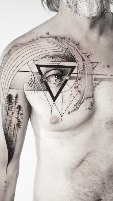 Flow Chest tattoo design concept with water splash, fibonacci sequence and an eye within a black triangle Fibonacci Tattoo Design, Fibinocci Sequence Tattoos, Fibinocci Sequence, Eye Triangle Tattoo Design, Water Splash Tattoo, Black And Grey Chest Tattoo, Eye Triangle Tattoo, Tatouage Fibonacci, Chest Tattoo Design