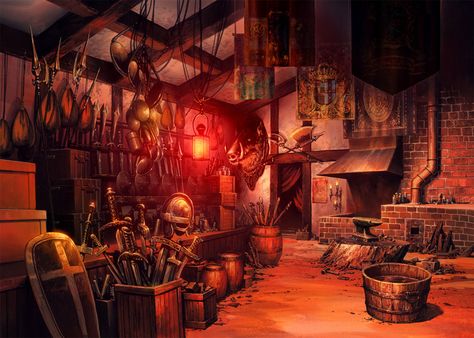 Blacksmith's shop                                                                                                                                                                                 More Blacksmith Shop Fantasy Art, Workshop Fantasy Art, Dnd Shop Art, Dnd Blacksmith Shop, Fantasy Shop Art, Fantasy Blacksmith Shop, Fantasy Blacksmith, Fantasy Workshop, Medieval Forge