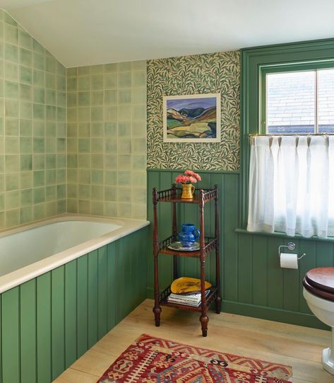 Brandon Schubert on Instagram: “Swipe right to see a “before” image of this bathroom. What a difference simple decorative changes can make.” 1930s Bathroom, Arts And Crafts Bathroom, Bathroom 2024, Painted Wainscoting, Victorian Terrace House, Art Deco Bathroom, Bold Wallpaper, Vintage Tile, Traditional Bathroom