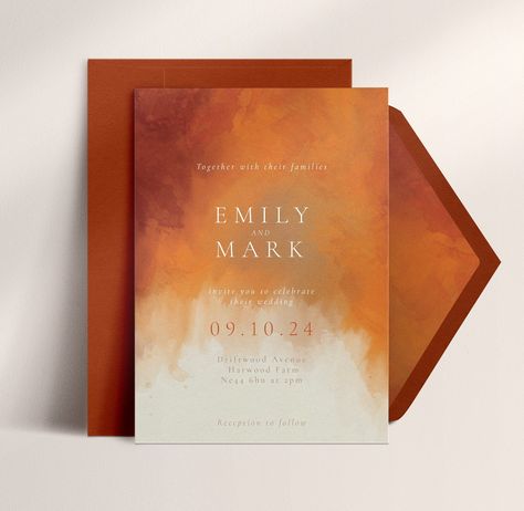 Burnt orange and rust hand-painted watercolor wedding invitations. You also have the option to purchase a set of luxury wedding envelopes in terracotta or eggshell white. Other colours are available if you have something else in mind. PURCHASE DETAILS: 5x7 Wedding invitation, printed on a beautiful 350gsm textured card + an optional set of Premium wedding envelopes MATCHING ITEMS The Full Set - https://etsy.me/2RqSa7x Save The Date - https://etsy.me/3anj9Y6 Details card - https://etsy.me/36Y2Nmz Terracotta Save The Date Ideas, Terracotta Wedding Invites, Watercolor Invitations Wedding, Orange Theme Wedding, Autumn Wedding Invites, Wedding Invitations Terracotta, Rustic Orange Wedding, Wedding Invitations Orange, Wedding Invitations Color