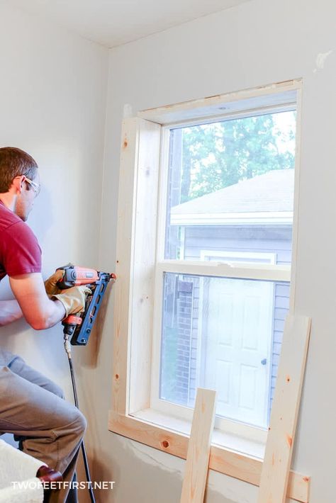 Are you wondering how to install window trim? Use this DIY tutorial to add interior trim to your home on a budget. #twofeetfirst #window Framing A Window Diy, How To Trim A Window Inside, Window Casing Diy, How To Frame A Window With Molding, Raw Wood Window Trim, Window Trim Without Sill, Simple Craftsman Window Trim, How To Trim A Window, Framing A Window With Molding