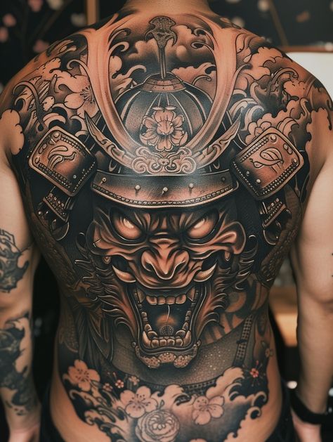 Image Samurai Back Tattoo, Back Piece Tattoo Men, Samurai Tattoo Sleeve, Japanese Back Tattoo, Japanese Tattoos For Men, Oni Tattoo, Hannya Mask Tattoo, Egyptian Tattoo Sleeve, Buddha Tattoo Design