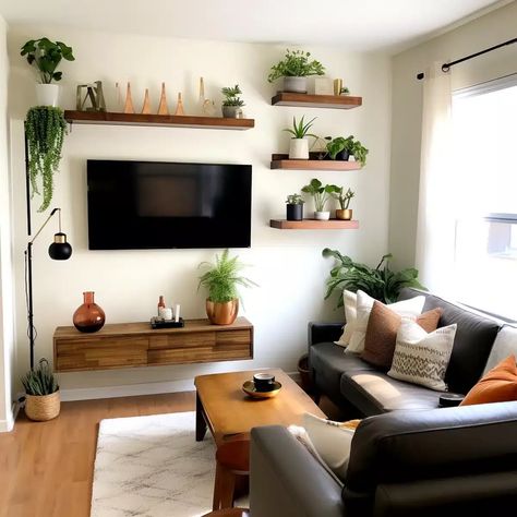 Small Living Room Ideas With Tv, Small Tv Room, Cozy Textiles, Floating Shelves Living Room, Shelves Floating, Small Living Room Layout, Saving Techniques, Design Tricks, Smart Organization