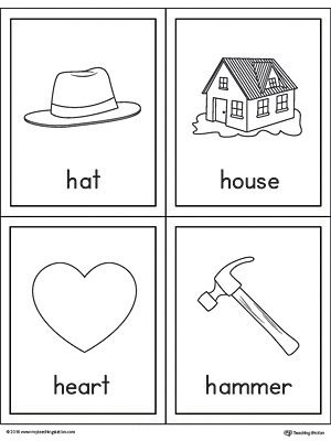 Beginning sound vocabulary cards for letter H includes the words hat, house, heart, and hammer. Letter H Words, Letter H Activities, Preschool Weekly Lesson Plans, Word Family Reading, Kindergarten Vocabulary, Preschool Color Activities, Letter Flashcards, Vocabulary Flash Cards, Prek Classroom