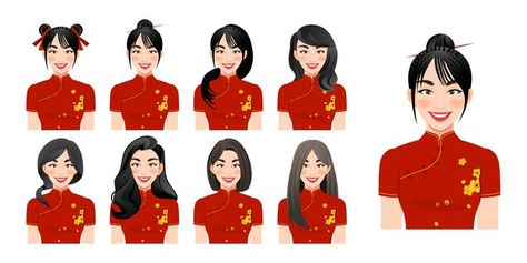 Lunar New Year Hairstyle, Cny Hairstyle, Chinese Girl Hairstyles, Chinese New Year Hairstyle, Cheongsam Hairstyle, Cheongsam Outfit, Shanghai Dress, Blonde Hair Cartoon, Chinese New Year Outfit