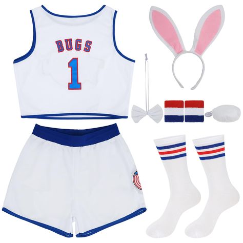 PRICES MAY VARY. Cute bunny role play, suitable for Ester/Halloween/masquerade, etc. Sew name and number, sleeveless, breathable, quick drying; This set includes 1 top, 1 shorts, 1 ear, 1 headband, 1 pair of wristbands and 1 pair of socks. Use this as a reference to find the best fit for you: XS/S: US 2 | S/M: US 4-6 | M/L: US 8-10 | L/XL: US 12-14 | XL/XXL: US 14-16 The size just for reference only.If You Like Loose Feeling,Take One Bigger Size. Top Shorts Outfit, Cheerleading Accessories, Movie Halloween Costumes, Space Movies, Cheer Practice, Sports Outfit, Halloween Costumes Friends, Halloween Masquerade, Shorts Outfit