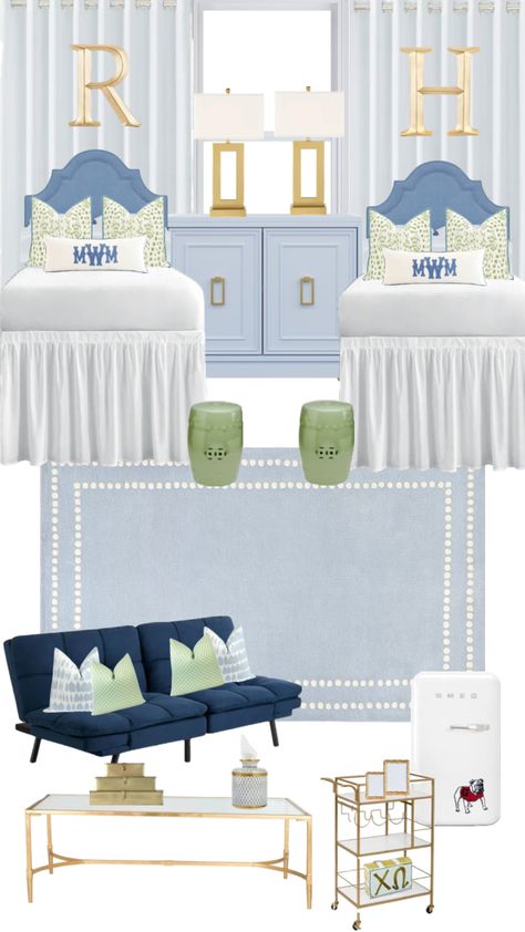 Green & blue dorm room Blue And Green Dorm Room, Navy Dorm Room, Sorority Dorm Room, Green Dorm Room, Sorority House Rooms, Blue Dorm Room, Dorm Room Themes, Pretty Dorm Room, Blue Dorm