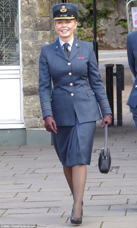 Sharp suited: Carol Vorderman cut a formal figure when she stepped out in Bristol on Friday, where she attended RAF celebrations Raf Uniform, Captain Uniform, Carol Vordeman, British Army Uniform, Women Wearing Ties, Carol Vorderman, Women's Uniforms, Military Girl, Police Women