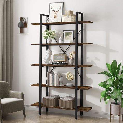 PRICES MAY VARY. 🕮【Spacious Storage Space Bookshelf 】: 47”L x 12”W x 70”H. 5 tier book shelf, compartments height is about 14”, and weight capacity of each board: 50LBS. This large open bookshelf can meet most of your storage and display needs. 🕮Stable and Durable Bookcase】: The high-quality industrial bookcase is made of a sturdy black rust-proof coated metal frame and dense particleboard. With reinforced tube under each board, the weight capacity can be assured and strengthen the stability o Style Shelving, Large Bookshelves, Industrial Bookshelf, Industrial Bookcases, Open Bookshelves, Freestanding Storage, Bookshelf Storage, Wood Bookshelves, Open Bookcase