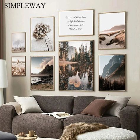 Wall Posters Ideas Living Room, Nature Gallery Wall Ideas, Home Decor Pictures Wall Art Ideas, Nature Wall Art Living Room, Paintings For Home Decor Canvases, Landscape Picture Wall, Forest Theme House Decor, Nature Wall Art Prints, Mountain Themed Living Room