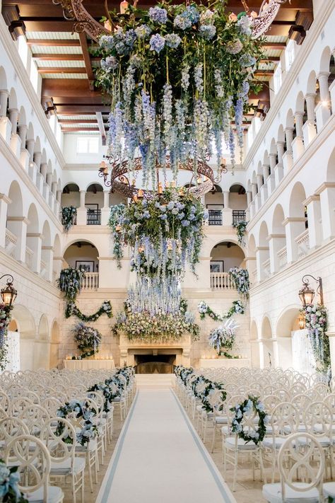 This wedding took place in the Sea Island Cloister Resort’s lobby, which was hard to imagine, but Todd and Marcy created the most breathtaking ceremony. They turned the hotel into a spectacular cathedral and made an altar that was pouring over with the most stunning pale blue flowers. Tap the link for more. Dream Wedding Venues, Future Wedding Plans, Sea Island, Salou, Desi Wedding, Black Tie Wedding, Wedding Goals, Indoor Wedding, Wedding Places