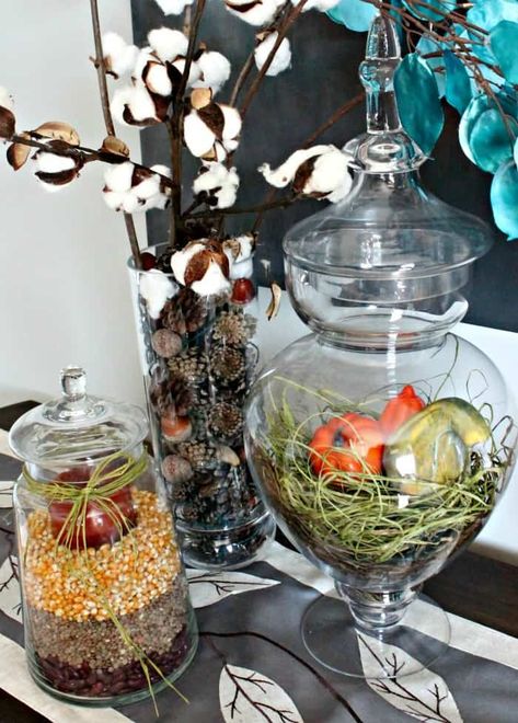 Large Apothecary Jars Decor, Fall Apothecary Jars, Apothecary Jar Decor, Jar Filler Ideas, Apothecary Ideas, Jar Decorating Ideas, Apothecary Jar Ideas, Halloween Apothecary Jars, Apothecary Jars Decor