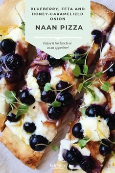 Blueberry Pizza, Blueberry Feta, Pizza Naan, Naan Pizza Recipes, Pizza Appetizers, Naan Pizza, Pizza Recipes Homemade, Caramelized Onion, A Glass Of Wine