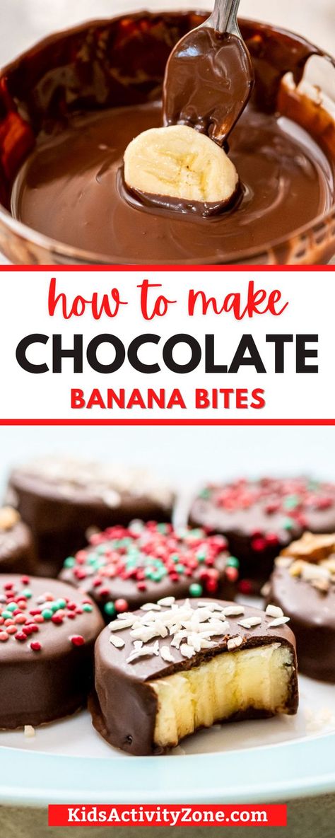 The perfect way to satisfy that sweet tooth during the summer is Chocolate Covered Frozen Bananas! They are so easy to make and the kids love helping slice, dip and top them. You can make them bite size or cut the banana in half and dip them that way. Easy Chocolate Covered Bananas, How To Make Frozen Chocolate Covered Bananas, Chocolate Banana Slices, Dipped Banana Pops, Chocolate Dipped Banana Slices, Chocolate Cover Bananas, Chocolate Dip Bananas, Frozen Chocolate Banana Bites, Chocolate Covered Bananas Frozen Healthy