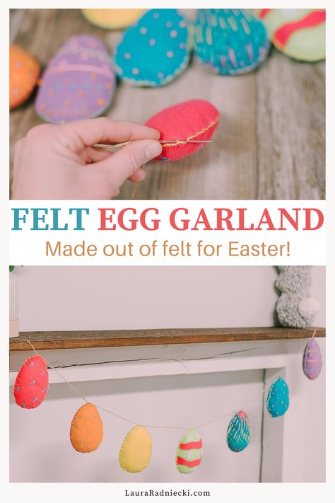 Felt Easter Garland, Felt Garland Diy, Easter Garland Diy, Easter Garlands, Easy Easter Decor, Felt Easter Eggs, Blanket Embroidery, Felt Garlands, Egg Garland