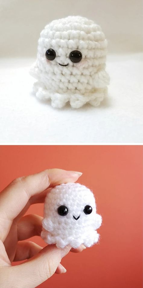 Crochet Ghost And Pumpkin Pattern, Mini Ghost Amigurumi, Tiny Halloween Crochet Patterns, Free Ghost Amigurumi Pattern, Free Crochet Patterns For Ghosts, Simple Crochet Ghost, Tiny Ghost Amigurumi, How To Make A Crochet Ghost, Beginner Crochet Ghost