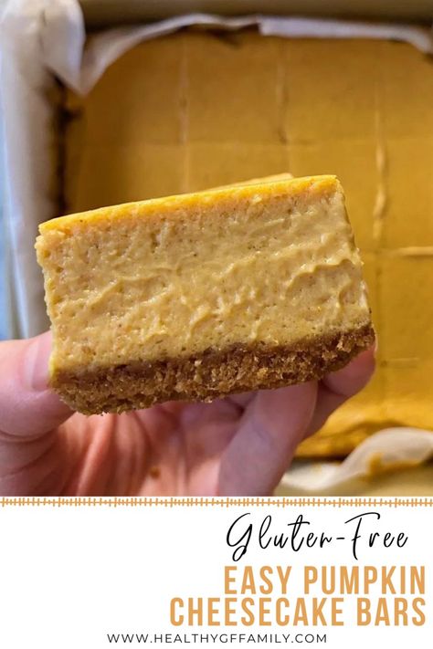 Easy Gluten-Free Pumpkin Cheesecake Bars – healthyGFfamily.com Gluten Free Pumpkin Desserts, Gluten Free Desserts Thanksgiving, Gluten Free Pumpkin Cheesecake, Gluten Free Pecan, Cheesecake Bars Easy, Gluten Free Pumpkin Recipes, Pumpkin Sheet Cake, Pumpkin Cheesecake Bars, Dairy Free Cream Cheese