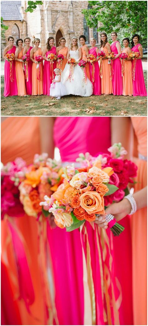 Hot Pink Orange Wedding Inspiration Modern Brides - Style And The Bride Blue And Pink Bridesmaid Dress, Hot Pink And Orange Wedding Theme, Tropical Wedding Dress Bridesmaid, Vibrant Summer Wedding Colors, Neon Bridesmaids Dresses, Bridesmaid Dresses Bright Colors, Orange And Pink Bridesmaid Dresses, Texmex Wedding, Pink Dress For Wedding Guest