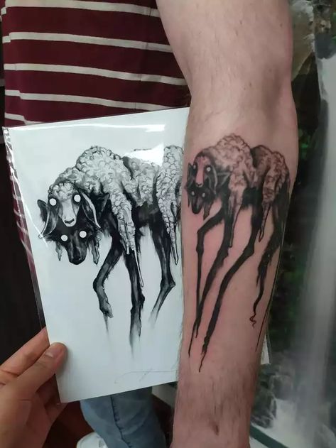 Wolf in Sheep's Clothing tattoo based off Brian Serway's Drawing. Tattooed by Rose Hu, Ninjaflower, Wellington, NZ - Imgur Wolf In Sheeps Clothing Tattoo, Wolf In Sheeps Clothing, Sheep Tattoo, Wolf Tattoo Sleeve, Trending Tattoos, Tattoo Schrift, Wicked Tattoos, Creepy Tattoos, Gothic Tattoo