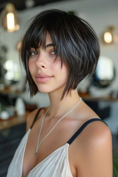 Woman with a short, dark bob hairstyle and bangs, wearing a white top and necklace, smiling slightly in a cozy indoor setting. Inverted Bob With Bangs Medium, Short Angled Bob With Bangs, Angled Shaggy Bob, Angled Bobs With Bangs, Straight Angled Bob, Short Aline Bob, Angled Bob With Bangs, Aline Haircut, Textured Bob With Bangs