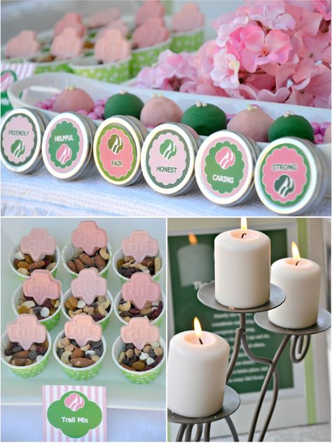 Girls Scout Party with FREE Printables - BirdsParty.com Girl Scout Silver Award, Girl Scout Gold Award, Bridging Ceremony, Girl Scout Bridging, Girl Scouts Brownies, Desserts Table, Planning Party, Brownie Scouts, Scout Crafts