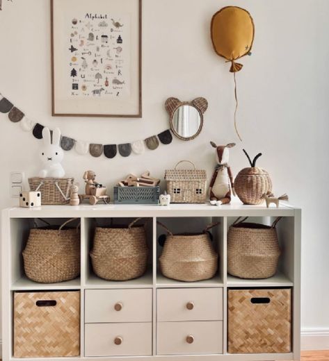 Kallax shelf hack in neutral nursery kids room with belly baskets and Scandi design - @__mamalina__. Ikea Closet Hacks, Kallax Kids Room, Ikea Nursery Hack, Ikea Closet Hack, Ikea Kids Room, Ikea Nursery, Ikea Closet, Kallax Shelf, Closet Hacks