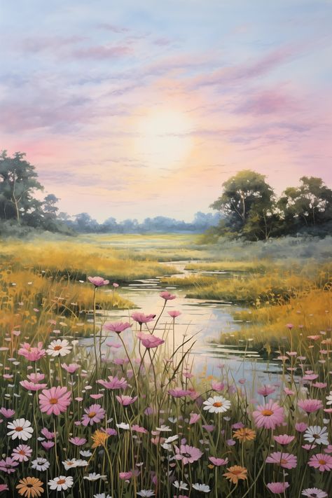 Pictures Of Artwork, Digital Artwork Landscape, Meadow Of Flowers Painting, Morning Landscape Painting, Pastel Nature Art, Meadow Aesthetic Painting, Morning Sky Painting, Soft Pastel Art Landscape, Meadow Pictures