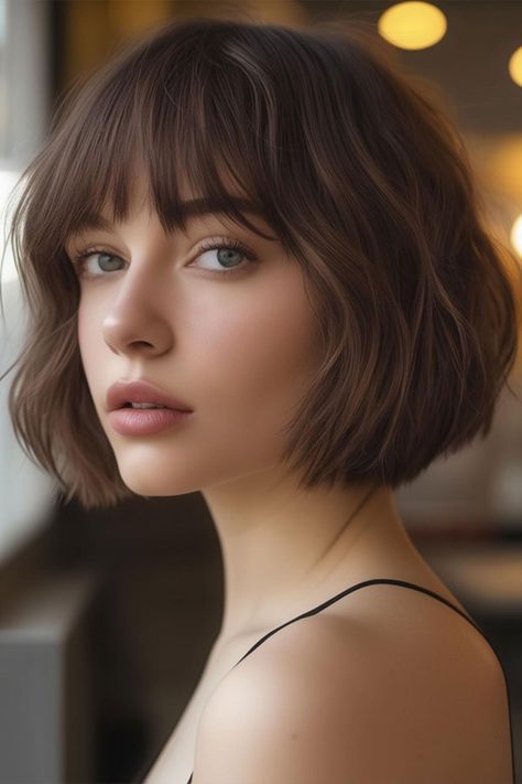 Sleek French Bob with Blunt Bangs, haircut for round face Bangs Hairstyles Round Face, Bangs Haircut For Round Face, Cute Hairstyles For Round Faces, French Bob With Bangs Round Faces, French Bob Haircut With Bangs, Bob Fringe, Haircut For Round Face, Bangs Haircut, Long Shag Haircut