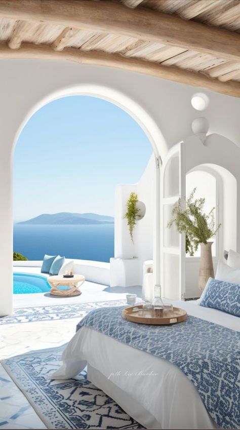 Greek Luxury Villas, Greece Home Design, Santorini Themed Bedroom, Santorini Architecture Interior Design, Greek Hotel Room, Summer House Greece, Greece Home Interior, Greek Houses Interior, Santorini Bedroom Ideas