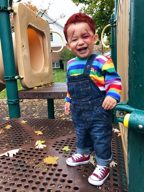 Toddler Saw Costume, Simple Chucky Makeup, Scary Toddler Halloween Costumes, Scary Toddler Costumes, Toddler Chucky Costume, Toddler Halloween Costumes For Boys, Chucky Doll Costume, Scary Chucky, Chucky Halloween Costume