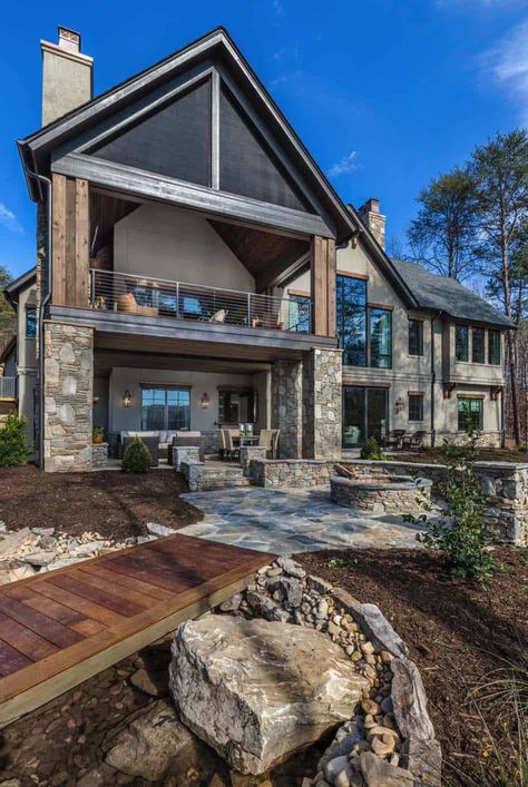 Rustic lakefront retreat with luxurious details on shores of Lake Keowee Lake Houses Exterior, Lake Keowee, Modern Lake House, Lake House Plans, Walkout Basement, Lakefront Homes, New Home Construction, Custom Home Builders, Lake Life