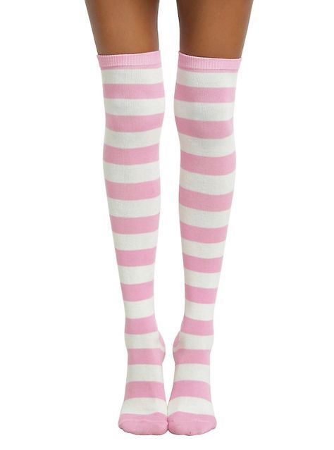 Blackheart Cream & Pink Striped Over-The-Knee Socks, Pink Striped Socks, Dr Friends, White Knee High Socks, Aesthetic Socks, Doll Socks, Cream Socks, Skor Sneakers, Over Knee Socks, Pink Socks