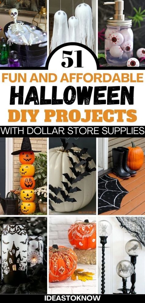 The picture consists of various halloween decorations such as pumpkins, posters and spooky decor ideas. Halloween On A Budget, Dollar Store Halloween Diy, Quick Halloween Crafts, Halloween Budget, Dollar Store Ideas, Fun Diy Halloween Decorations, Dollar Store Halloween Decorations, Decorate For Halloween, Halloween Outside