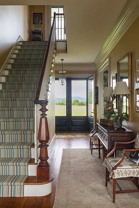 Colonial House Entryway Foyers, Tammy Connor, New Old House, Stair Runner Installation, Southern Colonial, Candlestick Lamps, Foyer Decorating, Brass Candlestick, Greek Revival