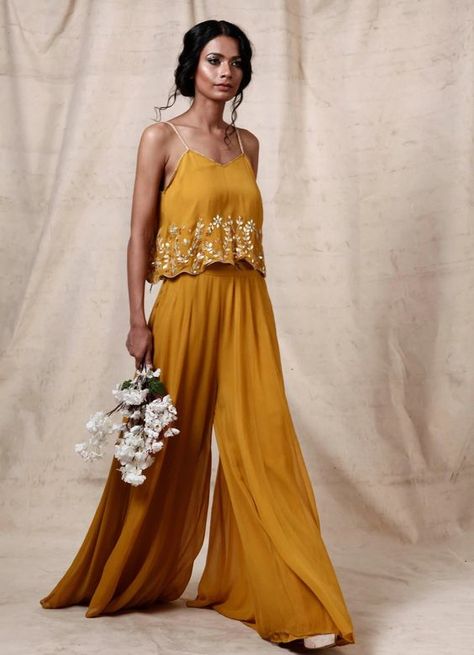 Fusion – Page 5 – Fabilicious Fashion Blouse And Palazzo, Crop Top Outfits Indian, Crop Top With Pants, Palazzo Pants Outfit, Top With Pants, Haldi Outfits, Indian Bridesmaid Dresses, Haldi Outfit, Outfits Indian