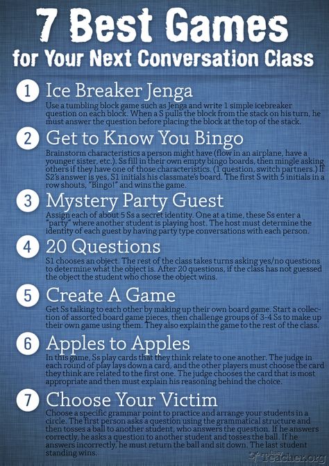 POSTER: 7 Best Games for Your Next Conversation Class Classroom Posters Free, Esl Classroom, Speaking Activities, Classroom Games, Esl Teaching, How To Start Conversations, Ice Breakers, Language Teaching, Teaching Spanish