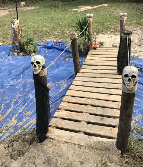 Pirate swamp bridge Pirate Halloween Yard Decorations, Pirate Theme Backyard, Pirates Of The Caribbean Halloween Decorations, Pirate Themed Office Party, Pirate Themed Backyard, Haunted Swamp Decorations, Scary Pirate Halloween Decorations, Outdoor Pirate Halloween Decorations, Haunted House Pirate Theme