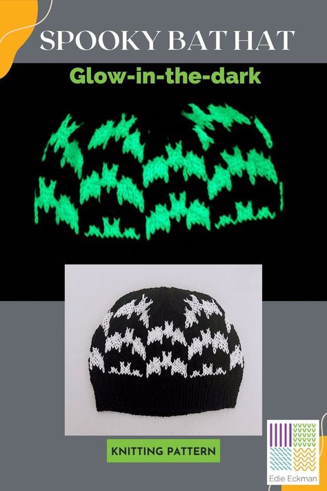 A cute bat patterned knit beanie turns spooky at night when it starts to glow in the dark! Halloween Hat Knitting Patterns Free, Halloween Knitted Hats, Crochet Glow In The Dark, Casual Knitted Halloween Hat, Bat Beanie, Halloween Beanie Knitting Pattern, Glow In The Dark Crochet, Fun Halloween Beanie Hat, White Bats