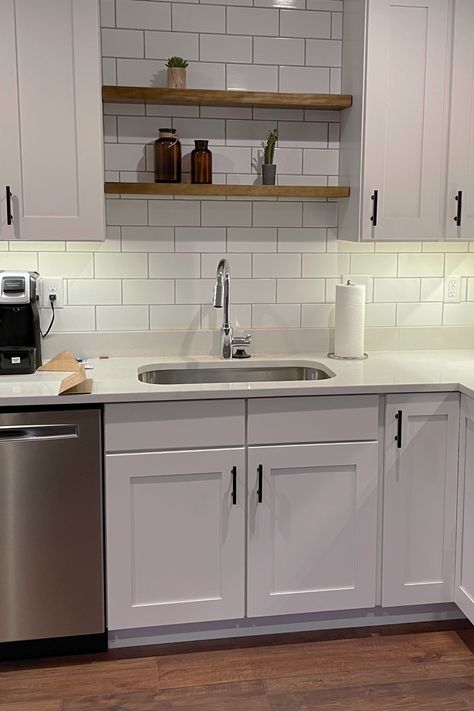 Wood Shelves Above Kitchen Sink, Floating Shelves Between Cabinets, Shelves Between Cabinets, Above Kitchen Sink Ideas, Kitchen With No Cabinets, Bathroom Wooden Shelves, Kitchen Wood Shelf, Farmhouse Floating Shelves, Decorating Above Kitchen Cabinets Ideas