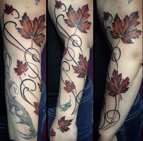 The shading, saturation, rich tone, and vibrancy and nuance of the colorwork, as well as the delicacy of the black linework, on these leaves drew me to this tattoo artist. Spooky Leaves Tattoo, Autumn Leaves Tattoo, Fall Leaves Tattoo, Leaves Tattoo, Autumn Tattoo, Leaf Drawing, Tattoo Sleeve, Fall Leaves, Leaf Tattoos