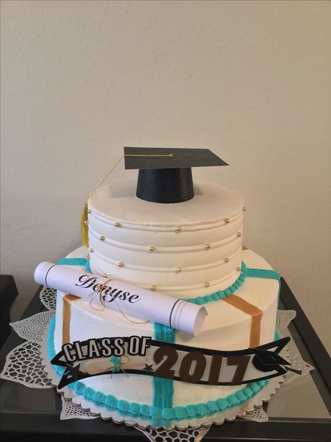 Teal And Gold Graduation Party Ideas, Teal Graduation Party Ideas, Grad Accessories, Graduation Deserts, Grad Cakes, Senior Party, Graduation Party Cake, Gold Graduation Party, 3 Tier Cake