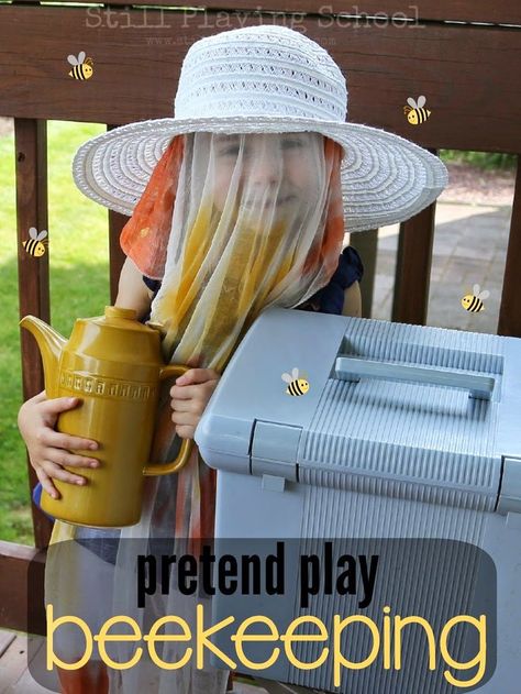 Beekeeping: A Pretend Play Prompt for Kids from Still Playing School #pretend #bee #beekeeping Bee Keeper Dramatic Play, Bee Inquiry, Dramatic Play Themes, Insects Preschool, Bugs Preschool, Bee Activities, Bee Classroom, Dramatic Play Preschool, Dramatic Play Area