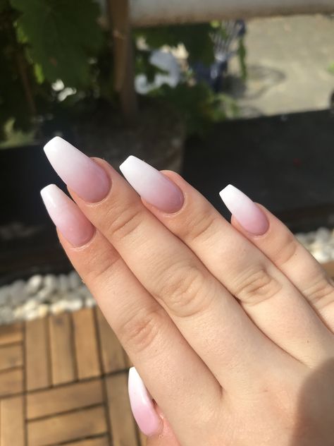 Summer Baby-boomer💗 -  a white baby boomer for summer with ballerina shape Acrylic Nails Ballerina Pink, Baby Bomernails, Summer Nails Ballerina Shape, Baby Boomers Nails, Hair And Nail Salon, Baby Boom, White Nail Designs, Thanksgiving Nails, Ballerina Nails