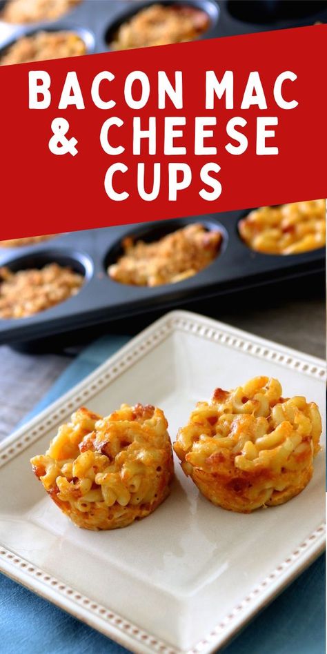 Bacon Macaroni and Cheese Cups Mac And Cheese Bites With Bacon, Macaroni And Cheese Muffins, Bacon Mac And Cheese Bites, Macaroni Cups Muffin Tins, Macaroni And Cheese Cups Muffin Tins, Macaroni Bites, Crostini Ideas, Macaroni Cheese Bites, Mac N Cheese Bacon