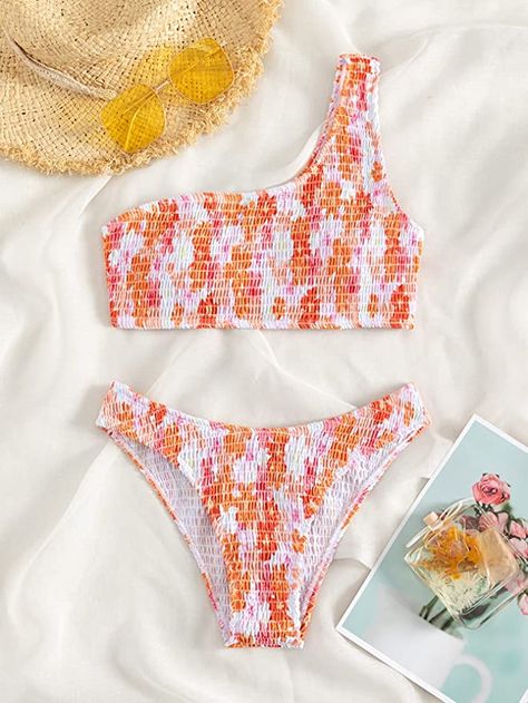 floral pink and orange one-shoulder bikini Swimsuits From Shein, Teen Girl Swimsuit Ideas, Cute Shein Bathing Suits, Cute Bathing Suits Teens, Teen Swimsuits Outfits, Preppy Bathing Suits For Kids, Summer Swimsuits For Teens, Cute Bikins For Teens, Preppy Swimsuits For Teens