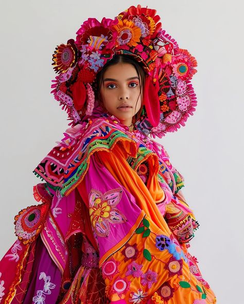 Mexican Haute Couture, Mexican Heritage Outfit, Mexican Street Fashion, Mexican Couture, Folklore Flowers, Hispanic Clothing, Miss Universe Gowns, World Of Wearable Art, Cultural Appreciation