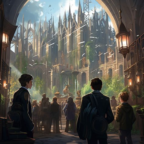 a daytime scene at hogwarts upclose on several characters from the book. It is a futuristic magic school although the characters still wear 19th century styles, but futurized Magic University Fantasy Art, Wizard School Art, Fantasy Academy Aesthetic, Magic Academy Fantasy Art, Magic School Subjects, Magical School Art, Magical Academy Aesthetic, Dnd Magic School, Fantasy Academy Art