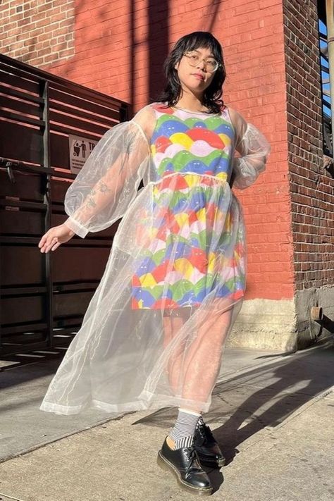 photo of a person in a sheer dress Sheer Mesh Outfit, Layering Sheer Dress, Sheer Dress Layer Outfit, Layered Sheer Dress, Sheer Layering Outfit, Sheer Dress Outfit Casual, Mesh Layered Outfit, Sheer Dress Outfit, Sheer Overdress